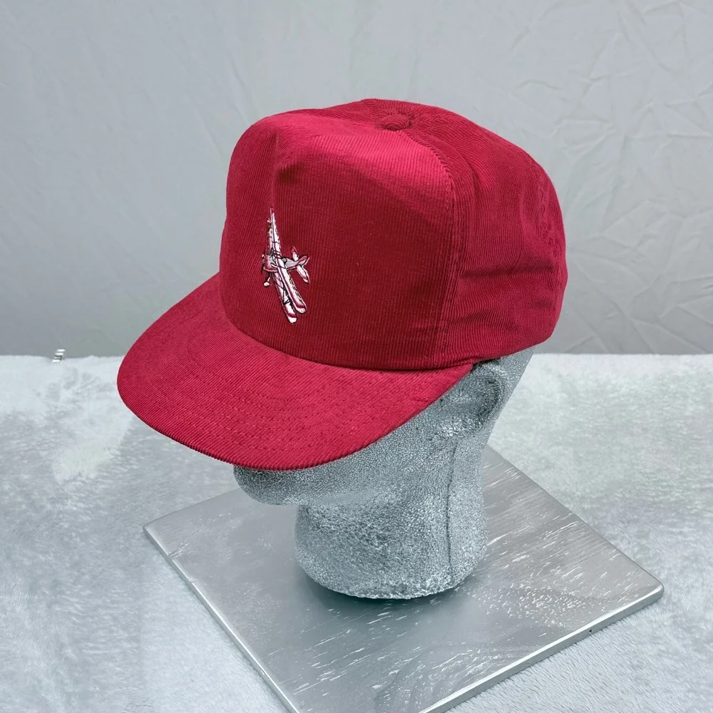 Vintage Trucker Hat Red Corduroy Biplane Aviation Snapback Airplane Baseball Cap